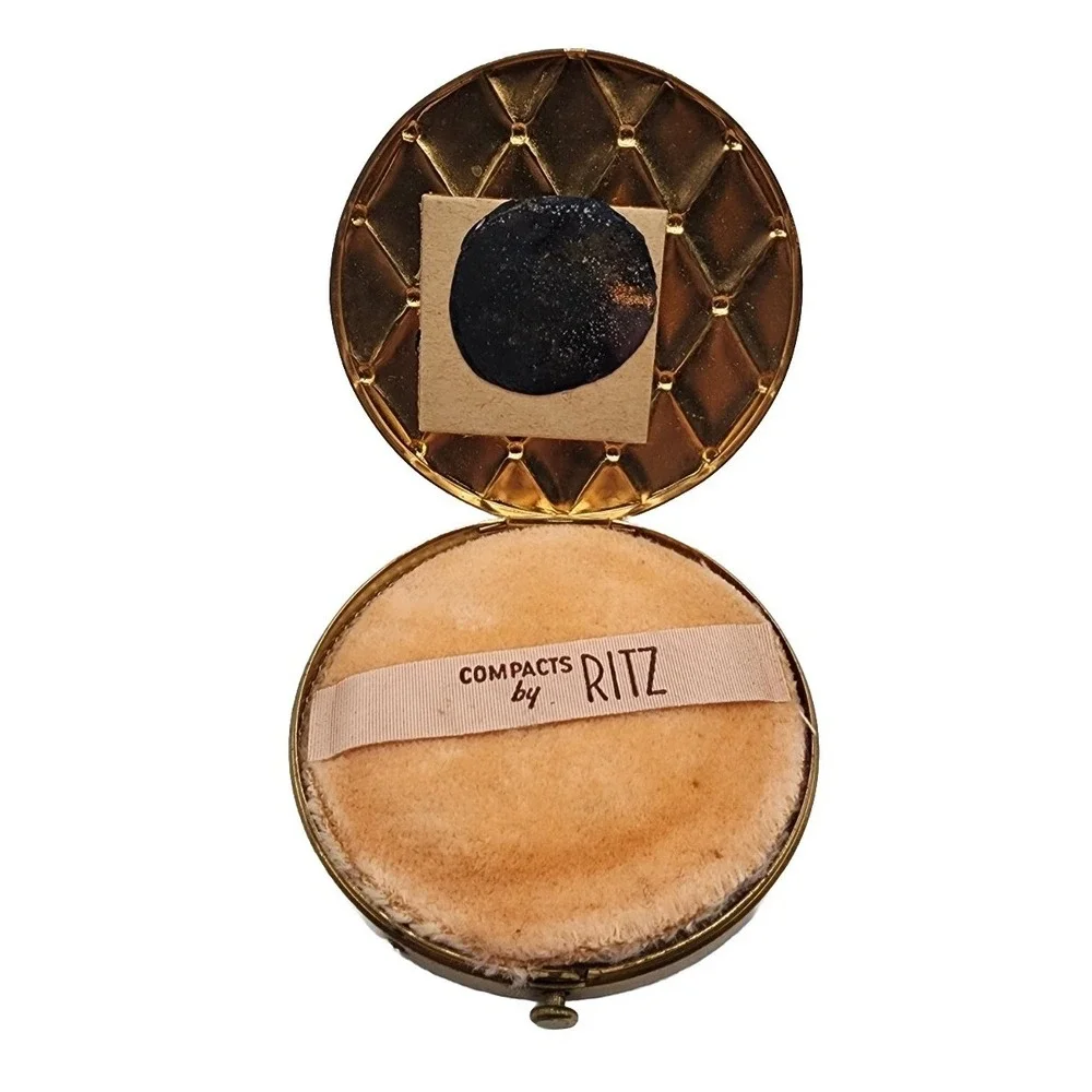Vintage Compacts By Ritz Gold Tone Quilted Detail Circular Pressed Powder Tin